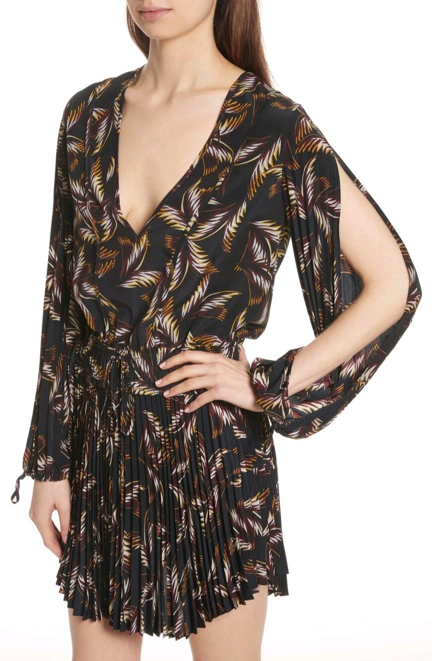 NWT ALC Sz 12 Rory Pleated Palm 100% Silk Dress Black Long Open Sleeve V Neck